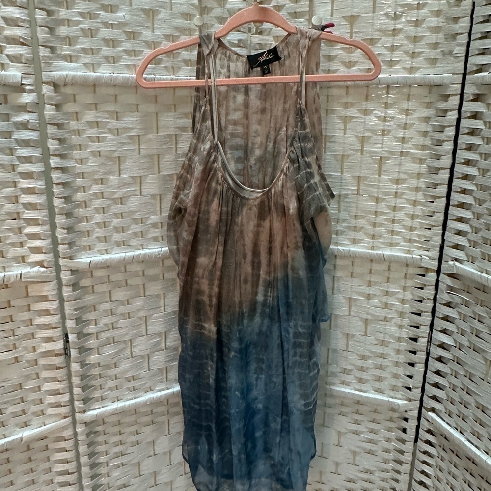 Akiko Cold Shoulder Dress size M Silk blue and pink/ tan good condition